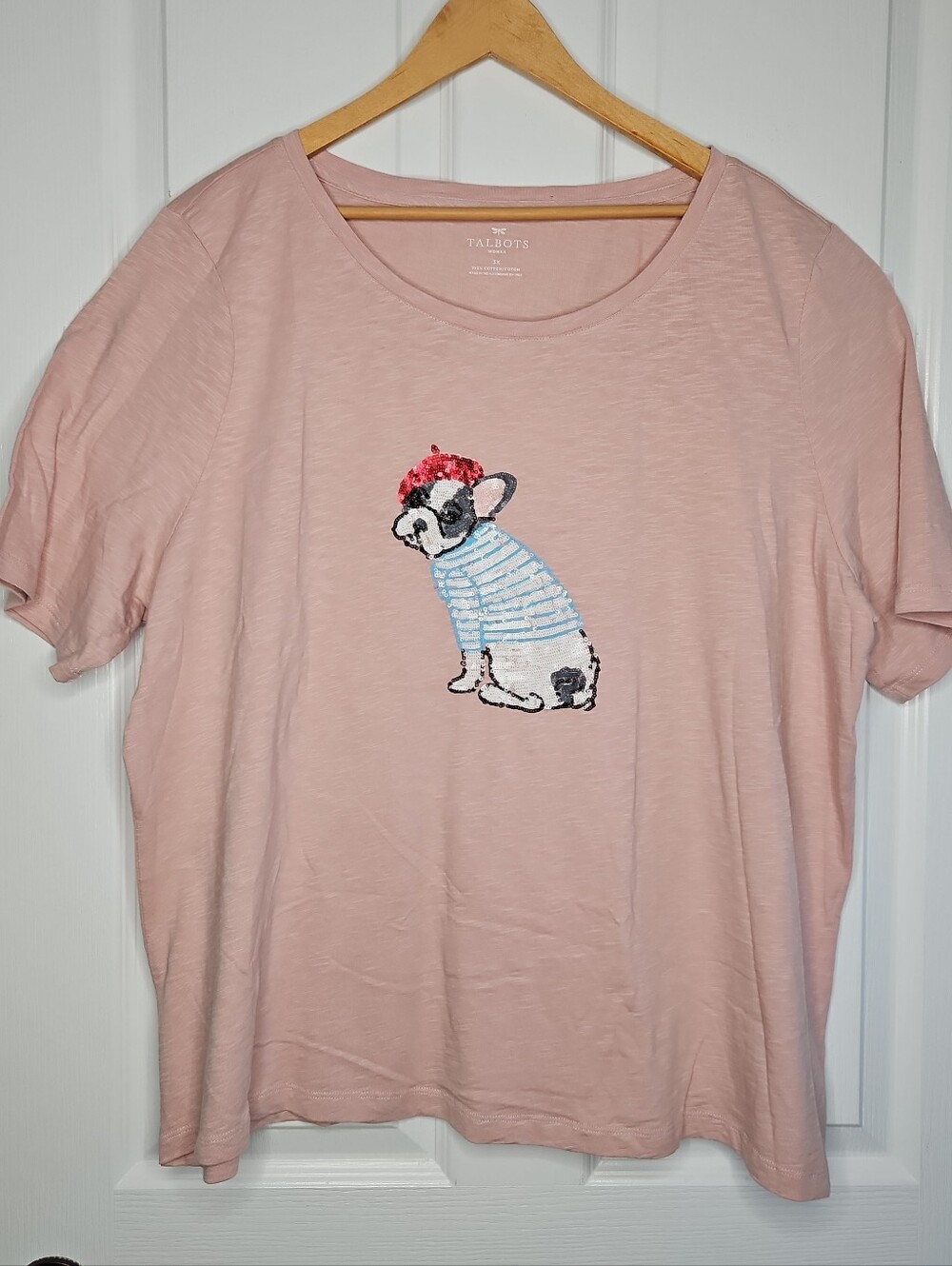Talbots Pink Sequin French Bulldog T-Shirt 3X Womens Plus Frenchie Short Sleeve